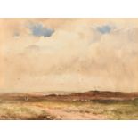 Wycliffe Egginton, 'A cloudy day', a moorland scene with cattle and a figure on horseback, signed