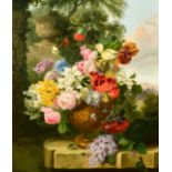 John Wainwright, circa 1865, a fine pair of still life paintings of mixed flowers surrounded by