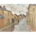 Constant Dore (20th Century) French, figures with umbrellas in a French town, oil on canvas, signed,