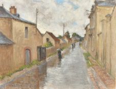 Constant Dore (20th Century) French, figures with umbrellas in a French town, oil on canvas, signed,