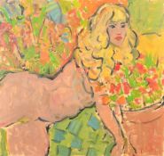 Kanwaldeep Singh Kang, signed Nicks (1964-2007) British, ' In the garden', a nude lady in a