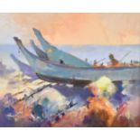 Contemporary British, Fishing boats pulled up on a sunny beach, acrylic on board, indistinctly