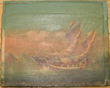 CHINA: small, mid-19th century oil painting of a Chinese junk, canvas on stretcher, unframed.