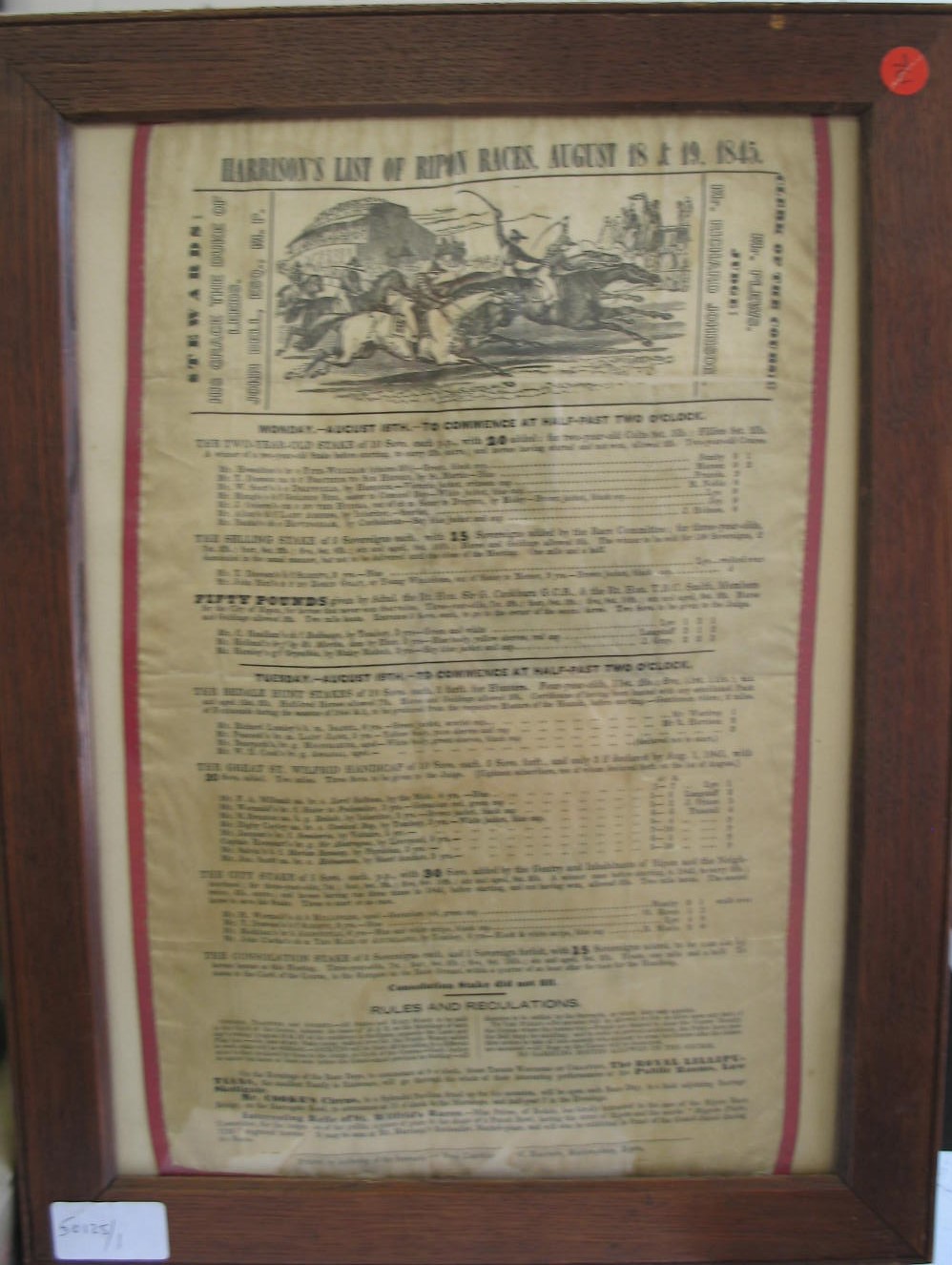 [PRINTED on SILK / RACING] "Harrison's List of Ripon Races, August 18 & 19, 1845" broadside on silk,
