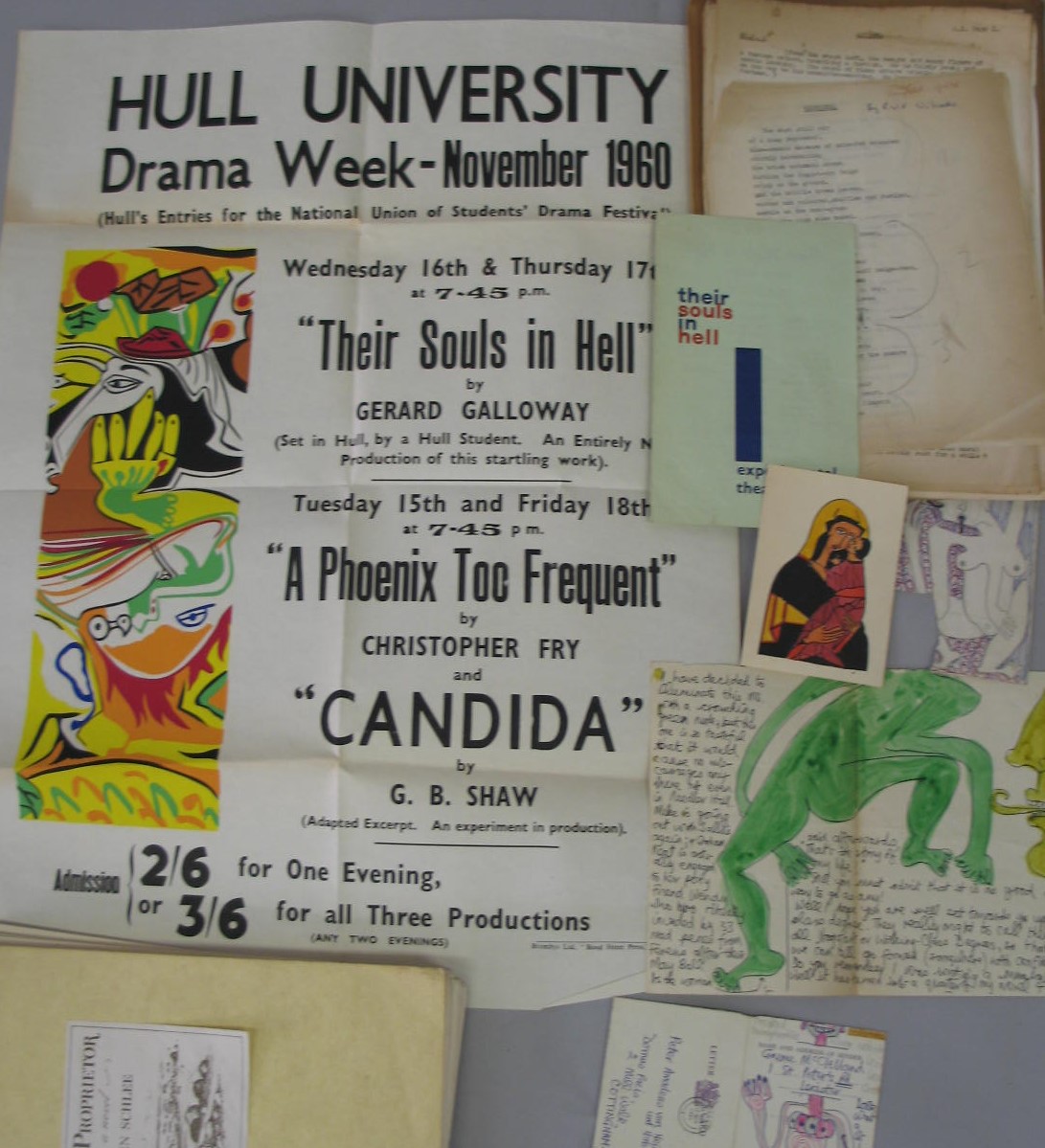 HULL UNIVERSITY POSTER ca. 1960, for "Their Souls in Hell", by Gerard Galloway, typescript of the