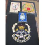 MILITARY BADGES, 4 x embroidered or woolwork wall badges, WWI & later, 12.5 x 16.5 inches, & smaller