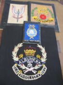 MILITARY BADGES, 4 x embroidered or woolwork wall badges, WWI & later, 12.5 x 16.5 inches, & smaller