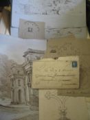 [ARCHITECTURE] 3 x ink wash pictures of Barnesley Park, Cirencester, 1820's, a few slightly later