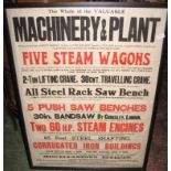 [POSTER] "Machinery, Plant...Steam Wagons [etc.]", large red & black auction poster, mid 20th c., 42