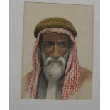 SAUDI ARABIA: watercolour portrait of headman of Jubail, framed print of traditional Saudi building,