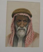 SAUDI ARABIA: watercolour portrait of headman of Jubail, framed print of traditional Saudi building,