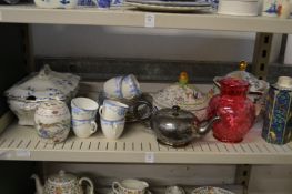 Decorative china and glass etc to include a large cranberry jug, silver plated teapot etc.