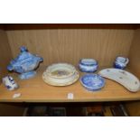 A transfer printed blue and white twin handled tureen and cover, other blue and white china,