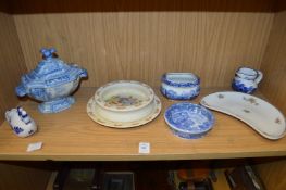 A transfer printed blue and white twin handled tureen and cover, other blue and white china,