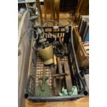 A brass chandelier, crimping machines and other items.
