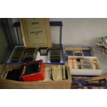 Various slides, ink pen and nibs and cigarette cards.