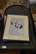Quantity of prints of dogs together with a bagatelle board.