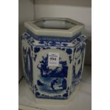 A Chinese blue and white hexagonal shaped jar.