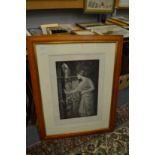 A classical female figure by a doorway, a print signed J W Waterhouse and three further prints.