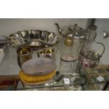 A pair of silver backed brushes, dressing table jar, plated dishes, teapot, preserve jar etc.