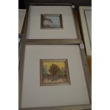A pair of small oil paintings depicting a seascape and a landscape.