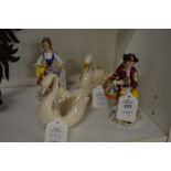 A pair of Continental figurines and a pair of swan table salts.
