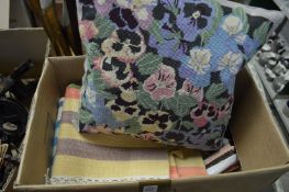 Tapestry cushion and a quantity of flat weave mats and runners etc.
