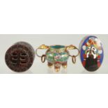 THREE SMALL CHINESE TRINKETS; a miniature cloisonne censer, a cloisonne lidded box, and a