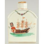 A CHINESE EXPORT PORCELAIN TEA CADDY, painted with European subject; British ship to each side, 11.