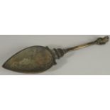 A RARE ROMAN OR ISLAMIC WHITE METAL SPOON, 20cm long.