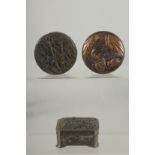 THREE SMALL METAL BOXES; including a good Japanese copper box with relief decoration, (3).