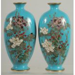 A FINE PAIR OF JAPANESE BLUE GROUND CLOISONNE VASES, decorated with native flora, 15.5cm high.