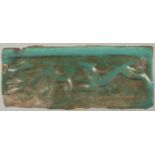 A RARE 13TH CENTURY PERSIAN SELJUK KASHAN TURQUOISE GLAZED POTTERY TILE, with relief animal designs,