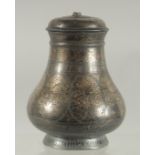 A 19TH CENTURY INDIAN BIDRI SILVER INLAID LIDDED POT, 12cm high.