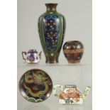 A GROUP OF MIXED CLOISONNE / ENAMEL ITEMS; comprising a vase, a small pot, a cloisonne dish, a