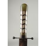 A FINE 19TH CENTURY INDIAN JADE AND MOTHER OF PEARL HILTED EUROPEAN STYLE HUNTING KNIFE, with
