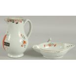 AN ARMORIAL PORCELAIN JUG AND QUATREFOIL DISH, (af), jug 18cm high, dish 21.5cm wide, (2).