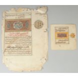 TWO ISLAMIC ILLUMINATED MANUSCRIPT PAGES, the larger with fine gilt highlights, (2).
