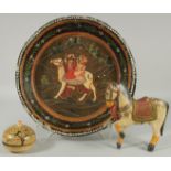 THREE KASHMIRI ITEMS; a papier mache dish, a papier mache lidded box, and lacquered wood figure of a