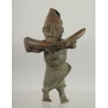 A RARE 19TH CENTURY OR EARLIER AFRICAN BENIN BRONZE FIGURE of a man holding a tusk, 17cm high.