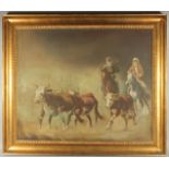 A LARGE OIL ON CANVAS PAINTING DEPICTING ARABIAN HORSE AND RIDERS, signed Faeq Hassan, Iraq (1914-