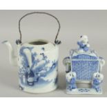 A CHINESE BLUE AND WHITE PORCELAIN TEAPOT, together with a modern blue and white porcelain box, (