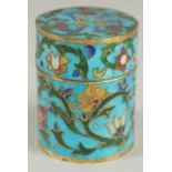 A SMALL CLOISONNE CYLINDRICAL BOX AND COVER.