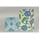 TWO OTTOMAN TURKISH TILES, 23.5cm x 16cm and 15cm square, (2).