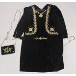 AN OTTOMAN VELVET AND GILT METAL-THREAD EMBROIDERED ROBE, with clutch-bag and belt, (3 pieces).