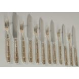 A SET OF SIX CHINESE SILVER KNIVES AND FOLKS, each with bamboo design handles, (12 pieces).