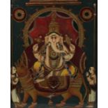 A LARGE 19TH CENTURY SOUTH INDIAN TANJORE REVERSE GLASS PAINTING OF GANESH, 54cm x 44cm.