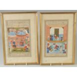 A PAIR OF PERSIAN QAJAR MINIATURE PAINTINGS, depicting scenes with various figures and panels of