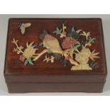 A CHINESE MOTHER OF PEARL AND HARDSTONE MOUNTED ROSEWOOD BOX, the lid decorated with various