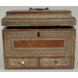 AN 18TH-19TH CENTURY ANGLO INDIAN OR INDO PORTUGUESE BONE INLAID TEA CADDY, (af), 26cm wide.
